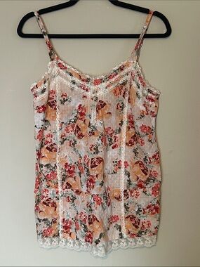 dressbarn White Floral Lace-Trim Camisole with Peach Roses